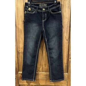 Dereon Jeans Womens 7/8 Blue Denim Dark Wash Embellishment Straight Leg Pockets